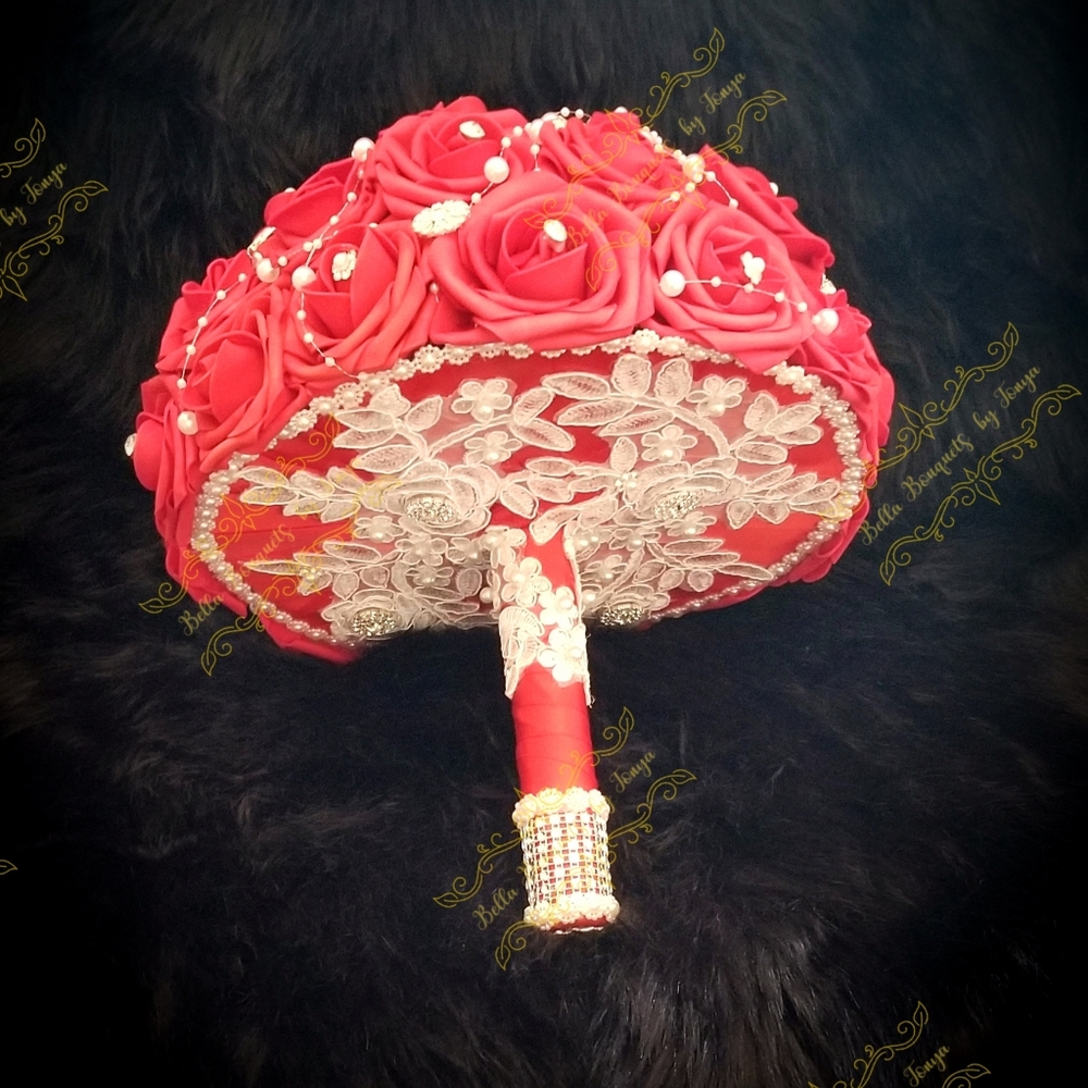 Red Real Touch Rose Brooch Bridal Bouquet